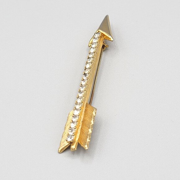 Gold Tone Cupids Arrow Brooch Pin White Rhinestones Prong Set Vintage 3 Inches - Picture 4 of 6